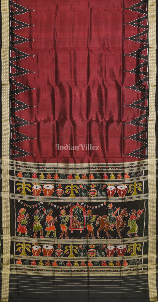  Maroon Black Bada Kumbha Odisha Ikat Khandua Silk Saree with Doli Barat Anchal