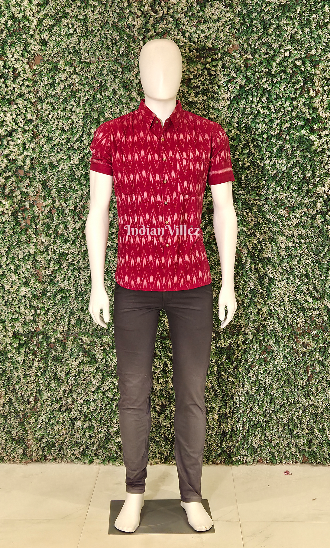 Red Pochampally Ikat Cotton Half Sleeve Shirt for Men