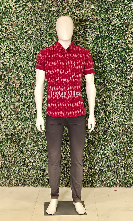 Red Pochampally Ikat Cotton Half Sleeve Shirt for Men