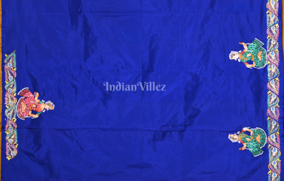 Mustard Yellow Blue (Mayur) & Nartaki Theme  Hand-Painted Pattachitra Saree 