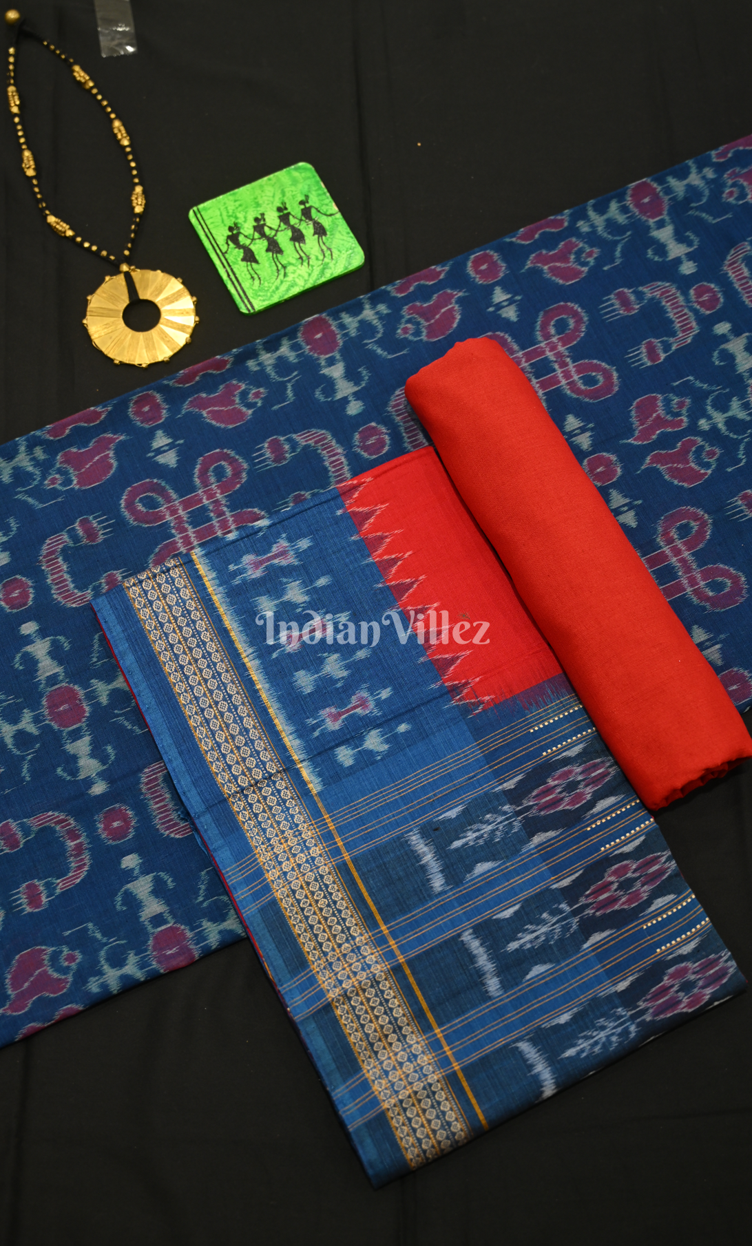 Royal Blue Red Tribal Design Odisha Ikat Sambalpuri Dress Set & Dupatta 