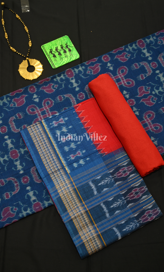 Royal Blue Red Tribal Design Odisha Ikat Sambalpuri Dress Set & Dupatta 