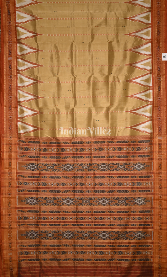 Golden Yellow Brown Buti Design Odisha Ikat Khandua Silk Saree 