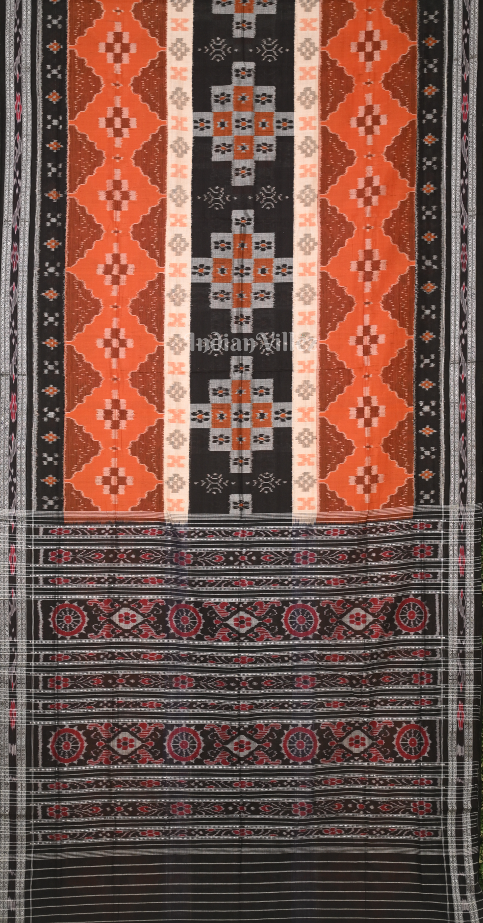 Orange Black Pasapali Odisha Ikat Sambalpuri Cotton Saree 