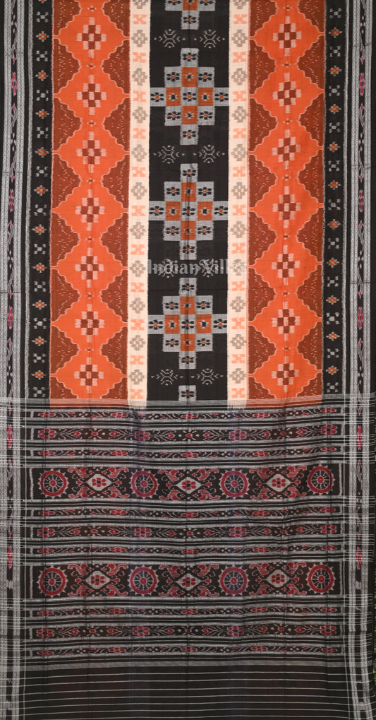 Orange Black Pasapali Odisha Ikat Sambalpuri Cotton Saree 