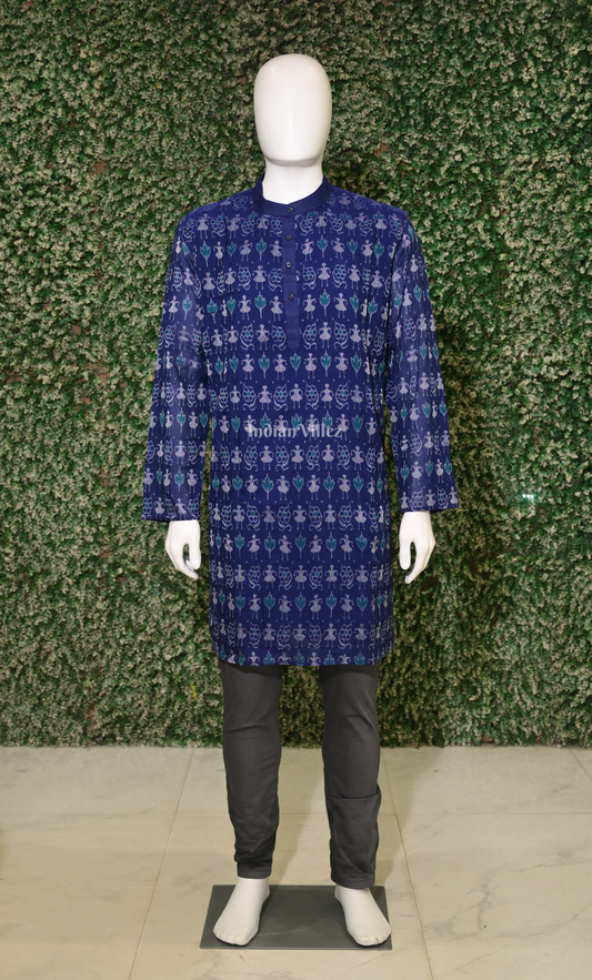 Royal Blue Tribal Design Odisha Ikat Sambalpuri Cotton Kurta For Men 