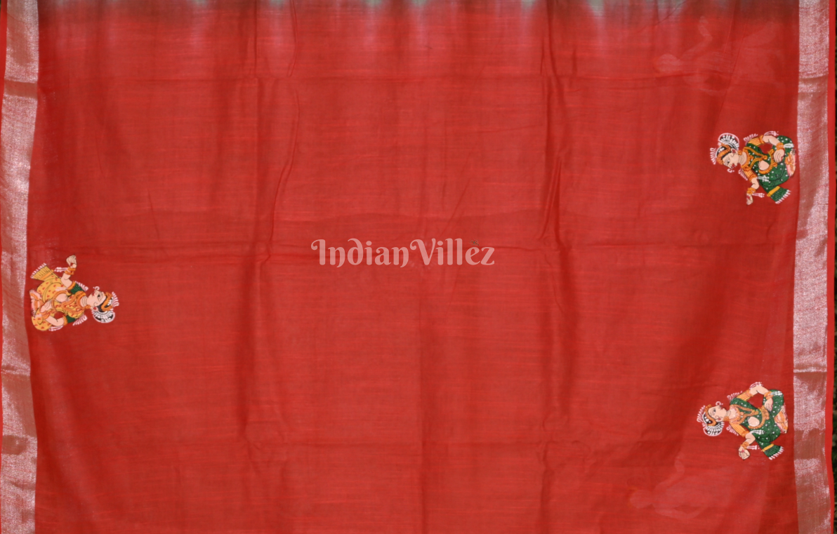 Olive Green Red Krishna Rasa Leela Hand-Painted Pattachitra Saree