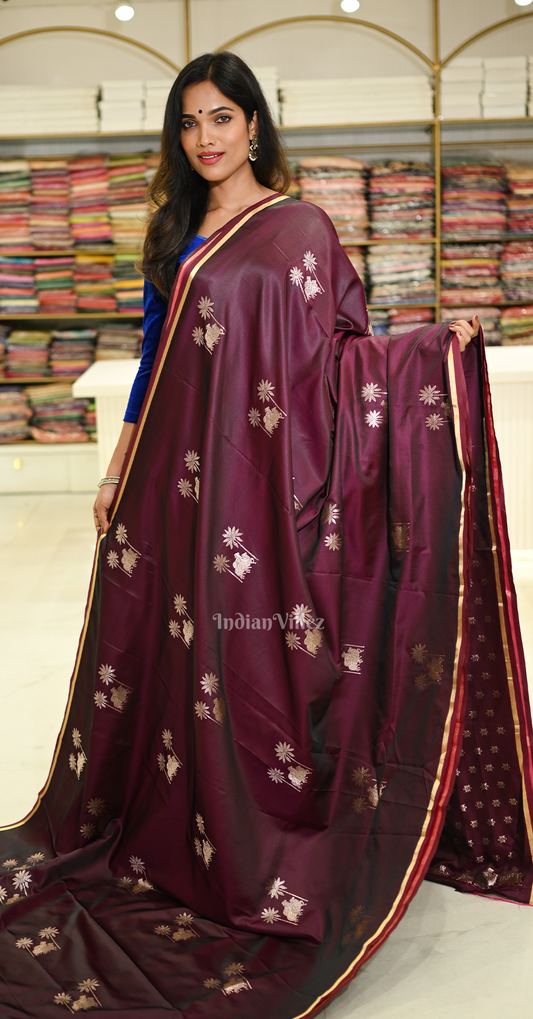 Wine Floral Mashru Satin Banarasi Silk Saree with Pichwai Motif