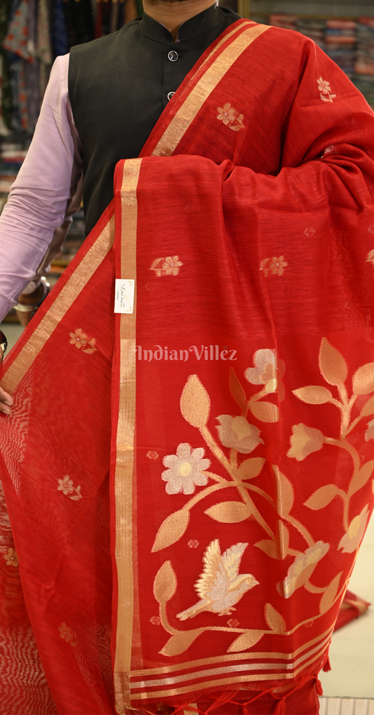 Red Linen Cotton Saree with Gold Zari Floral Pallu
