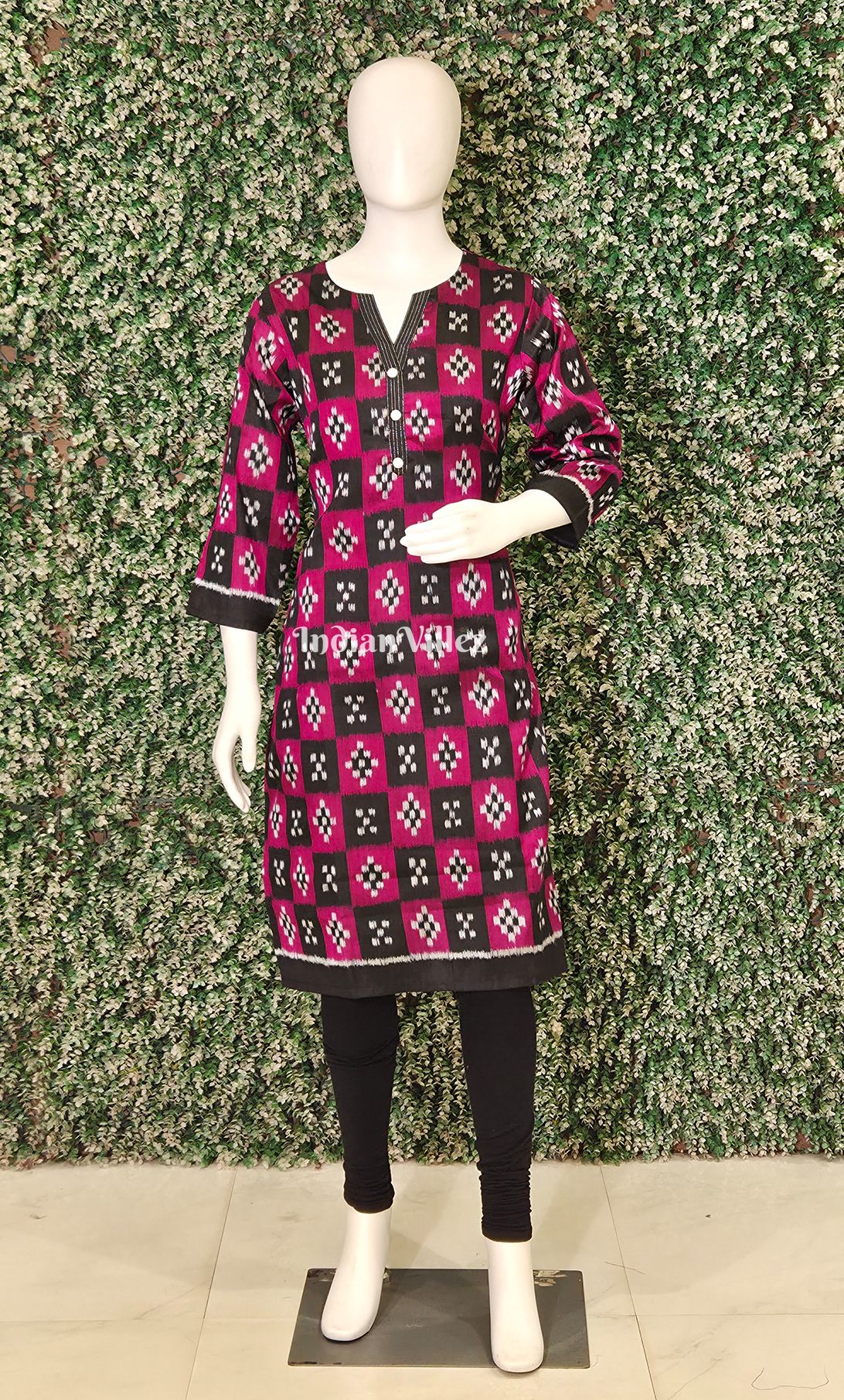 Magenta Pink Black Pasapali Odisha Ikat Designer Cotton Kurti for Women 