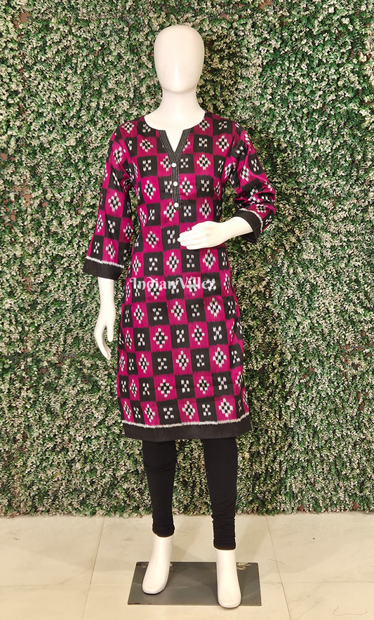 Magenta Pink Black Pasapali Odisha Ikat Designer Cotton Kurti for Women 