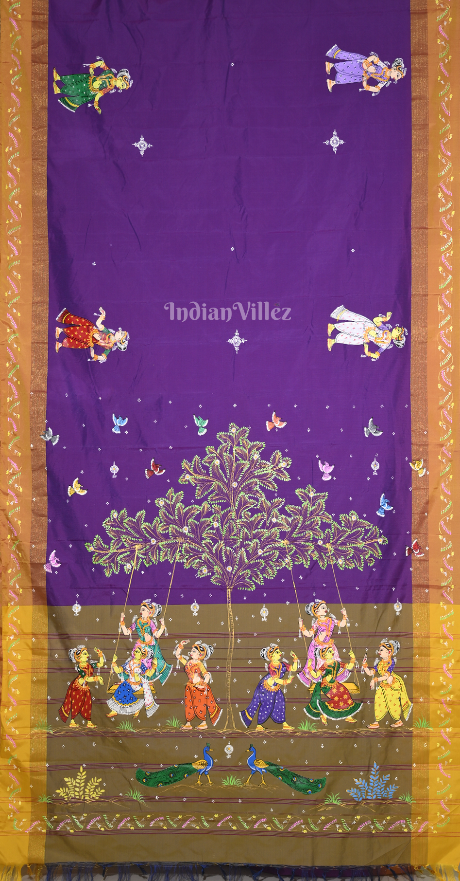 Purple Mustrad Yellow Raja Doli Theme Hand-Painted Pattachitra Saree