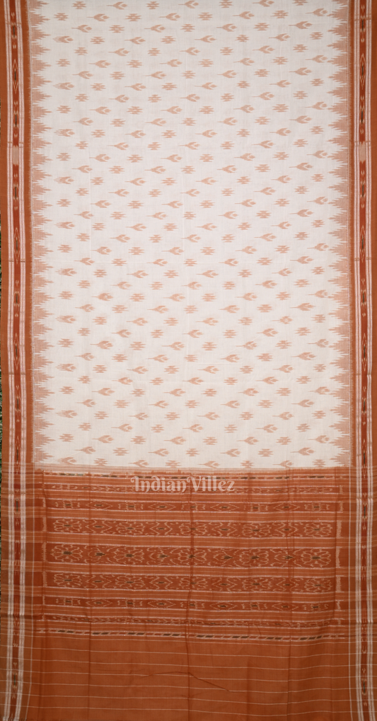 Off White Rust Orange Mayur Chandika Odisha Ikat Maniabandha Cotton Saree