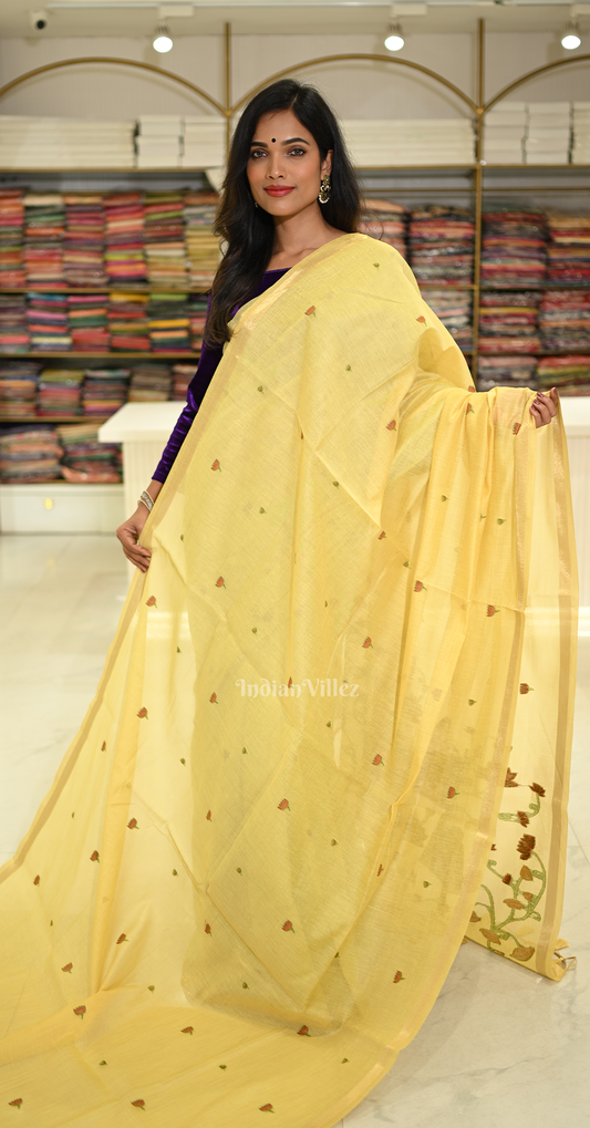 Light Yellow Linen Cotton Pichwai Saree with Zari Border 