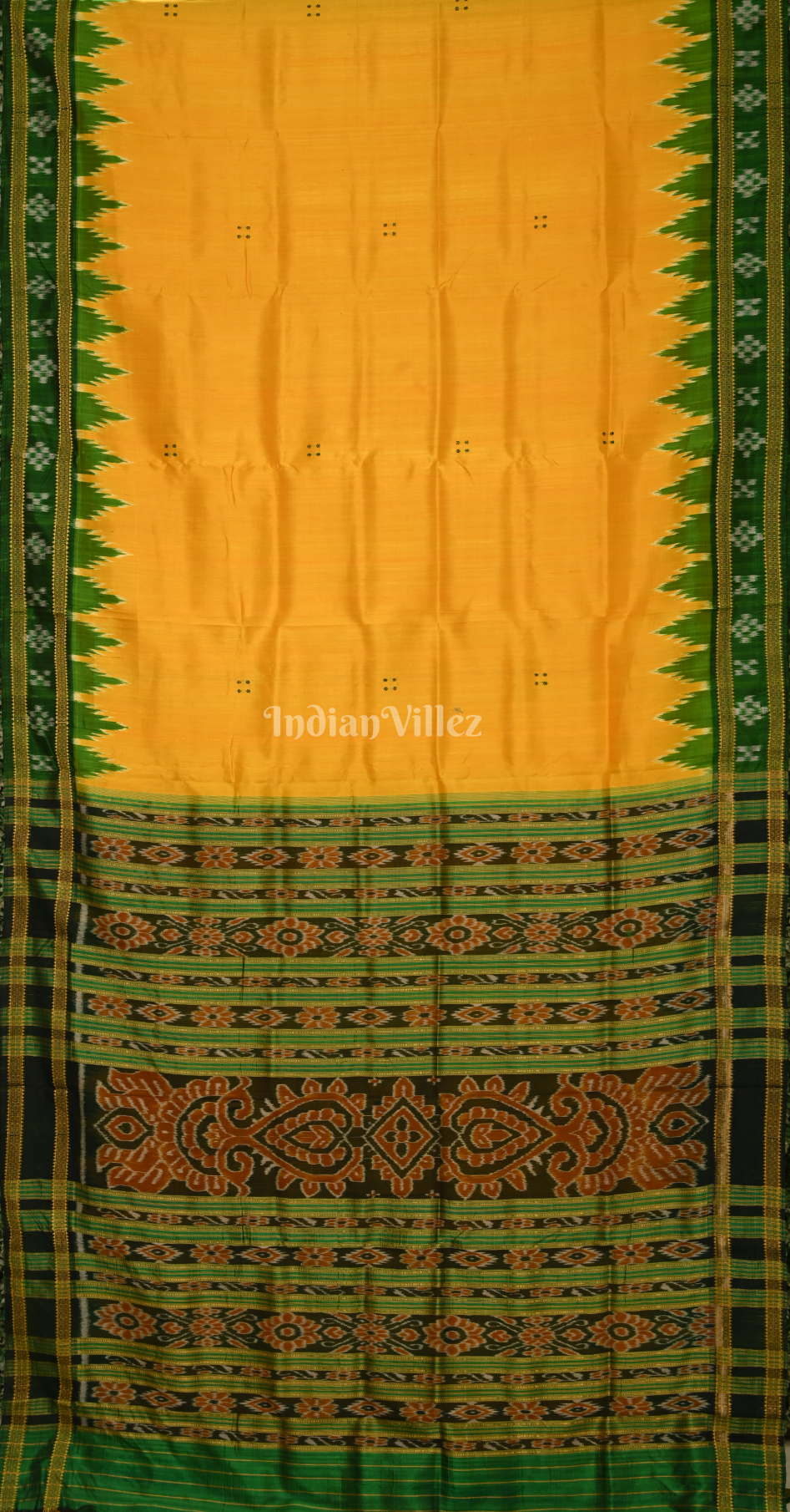 Mustard Yellow Green Buti Design Odisha Ikat Khandua Silk Saree 