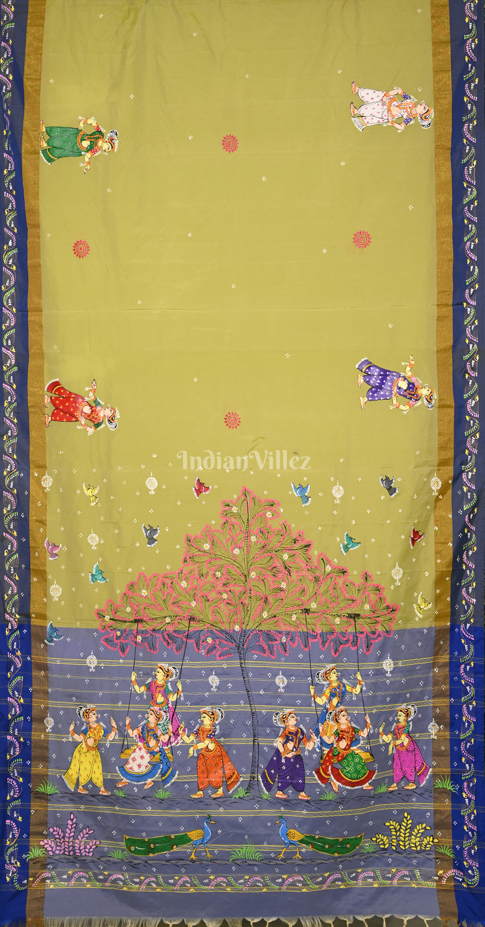 Lemon Green Raja Doli Theme Hand-Painted Pattachitra Saree 
