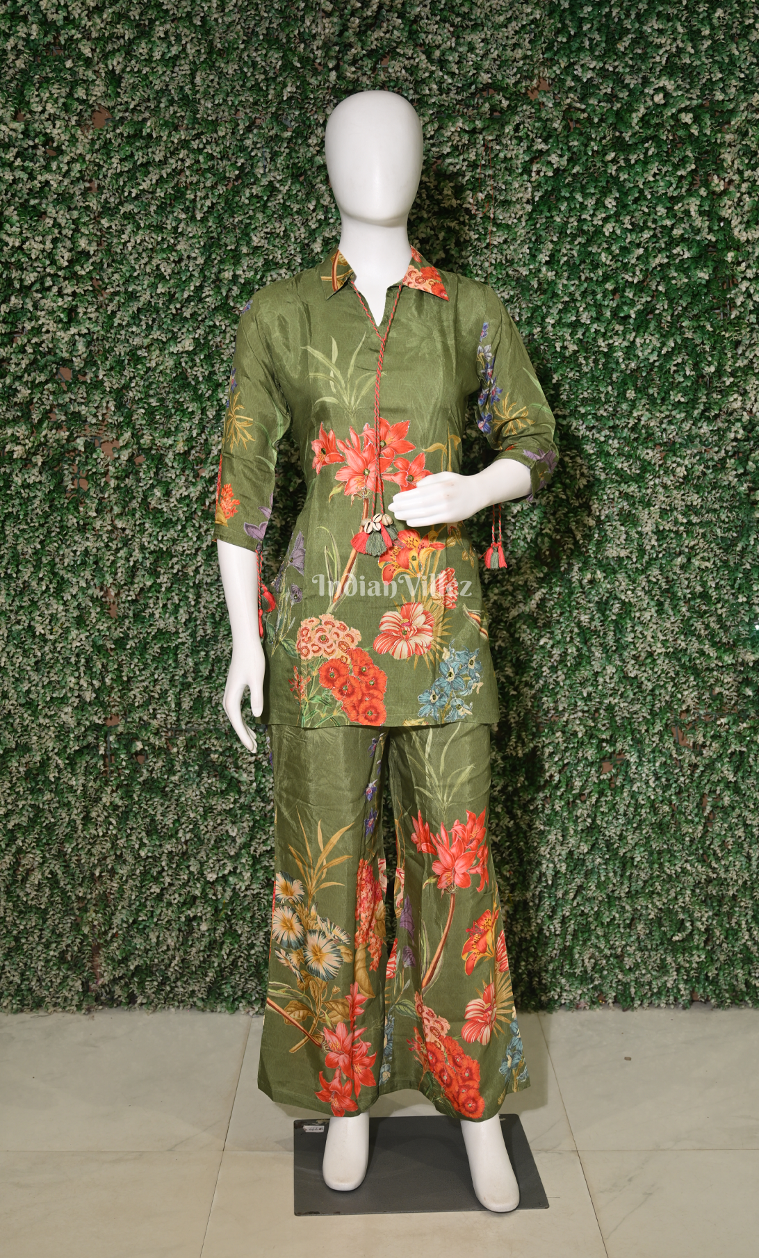 Designer Mehendi Green Floral Printed Kurta & Pant Set-(Co-Ords Set) 