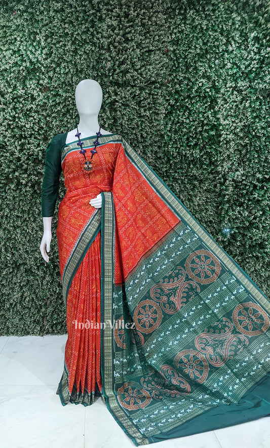 Red Green Dasakothi Odisha Ikat Sambalpuri Silk Saree
