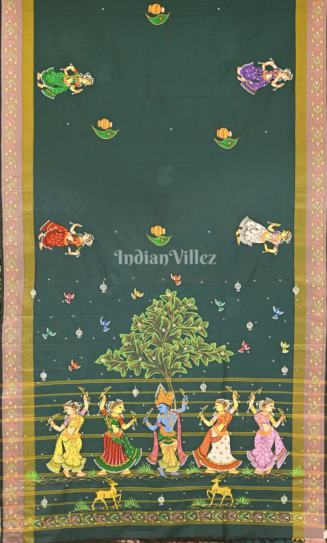 Bottle Green Krishna Raasleela Hand-Painted Pattachitra Saree 