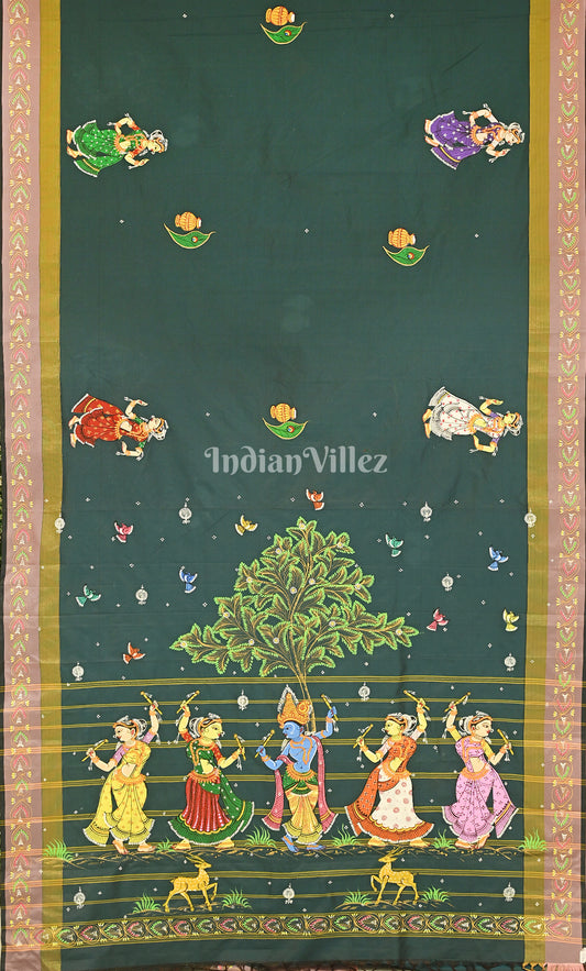 Bottle Green Krishna Raasleela Hand-Painted Pattachitra Saree 