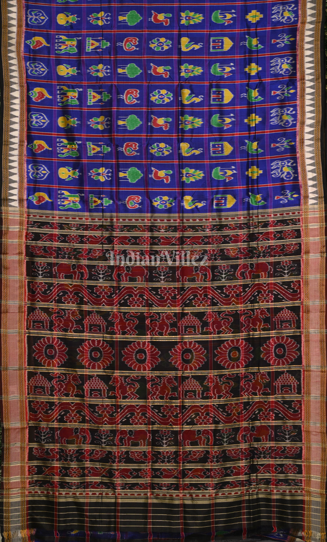 Blue Black Nabakothi Odisha Ikat Khandua Silk Saree 