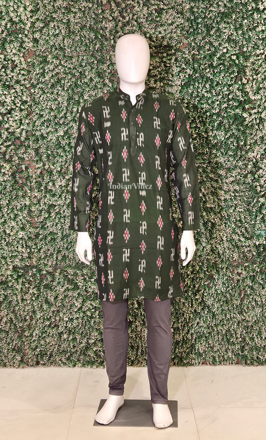Mehendi Green Swastik Odisha Ikat Cotton Kurta for Men