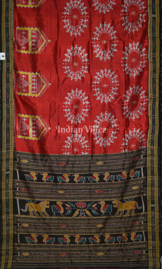 Red Black Tribal Theme Odisha Ikat Khandua Silk Saree 