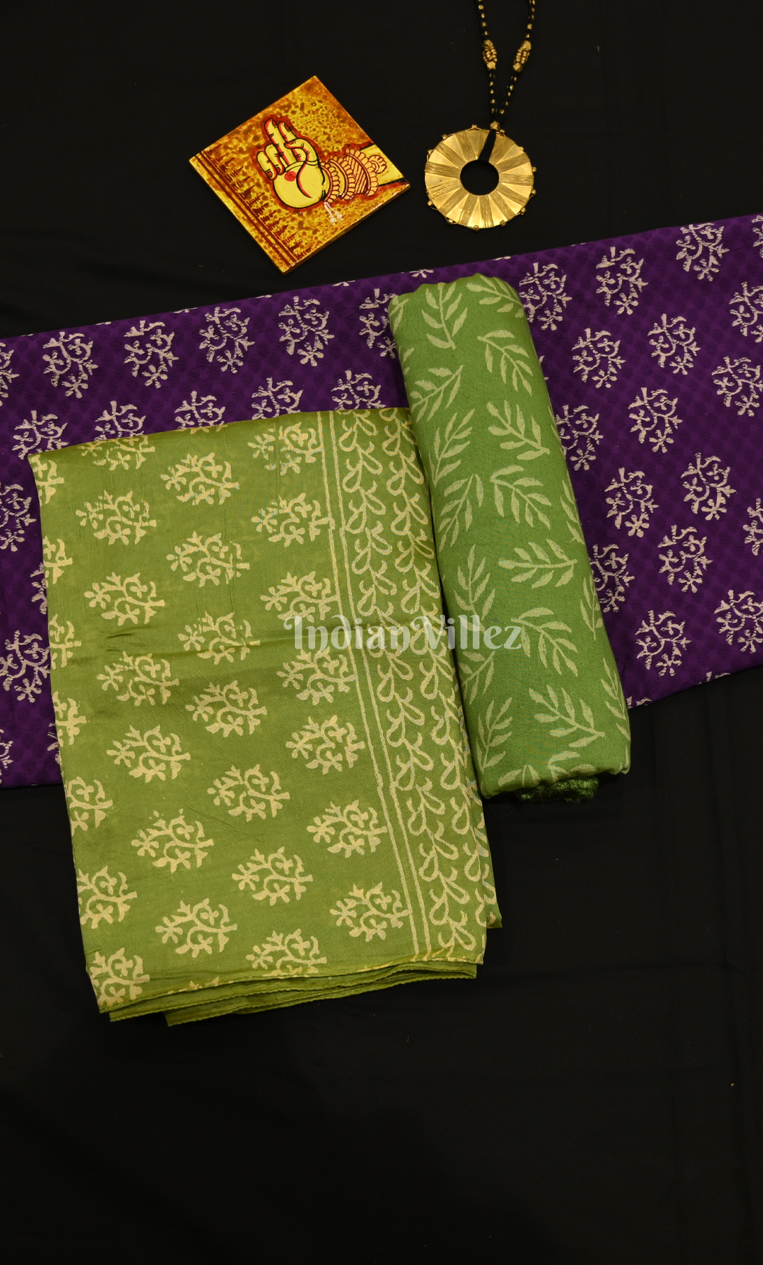 Purple Green Block Printed Cotton Suit Sets