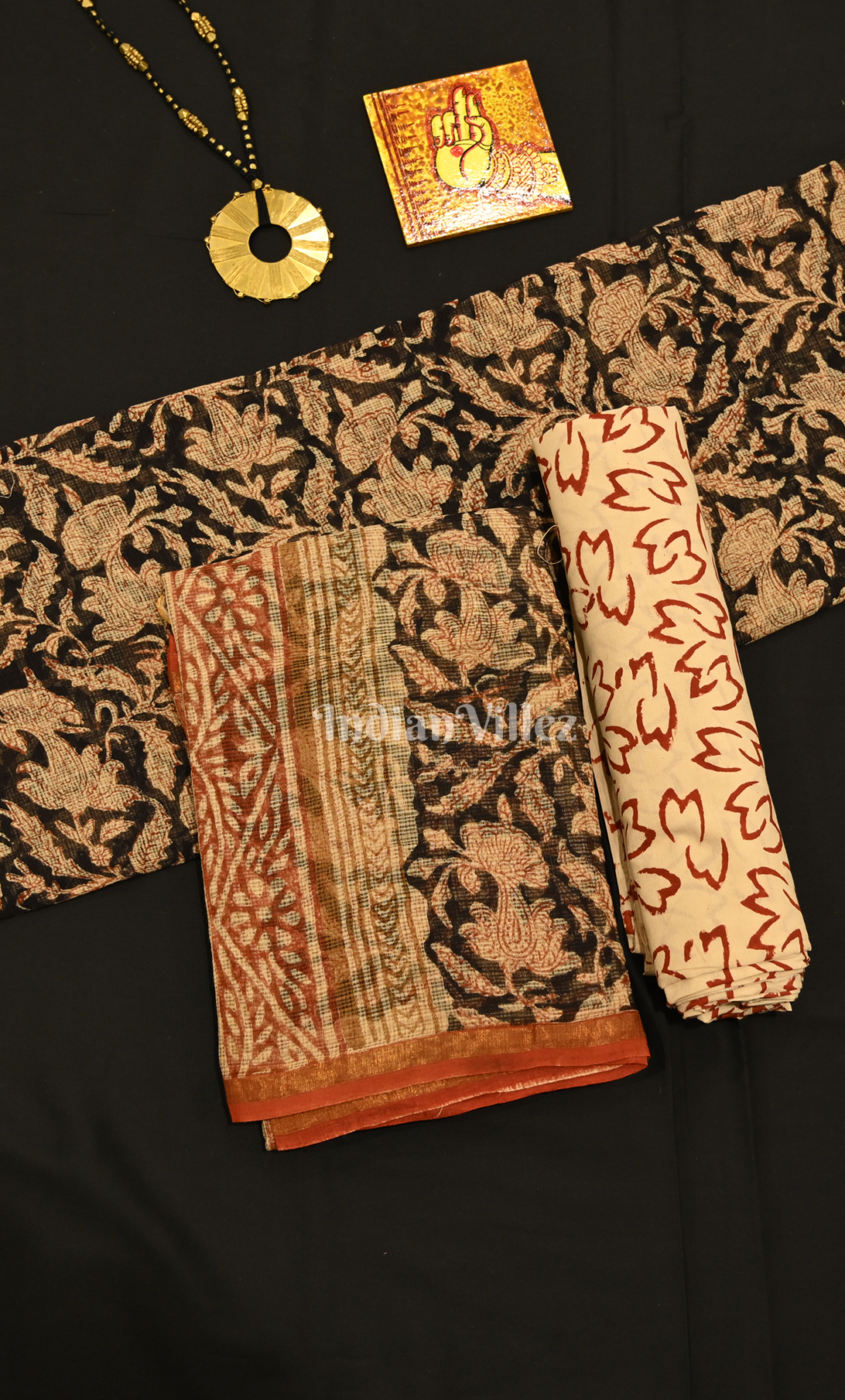Black with Multicolour Bagru Block Printed Cotton Suit Sets 