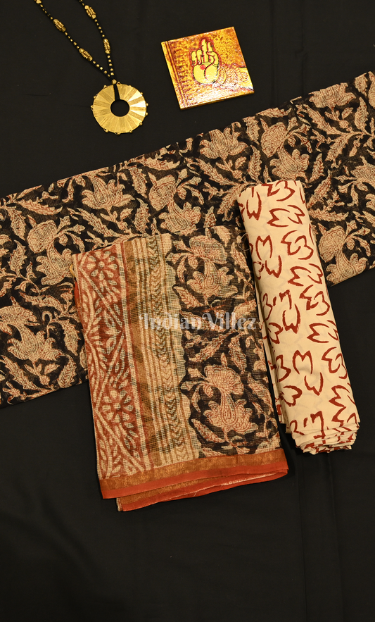 Black with Multicolour Bagru Block Printed Cotton Suit Sets 