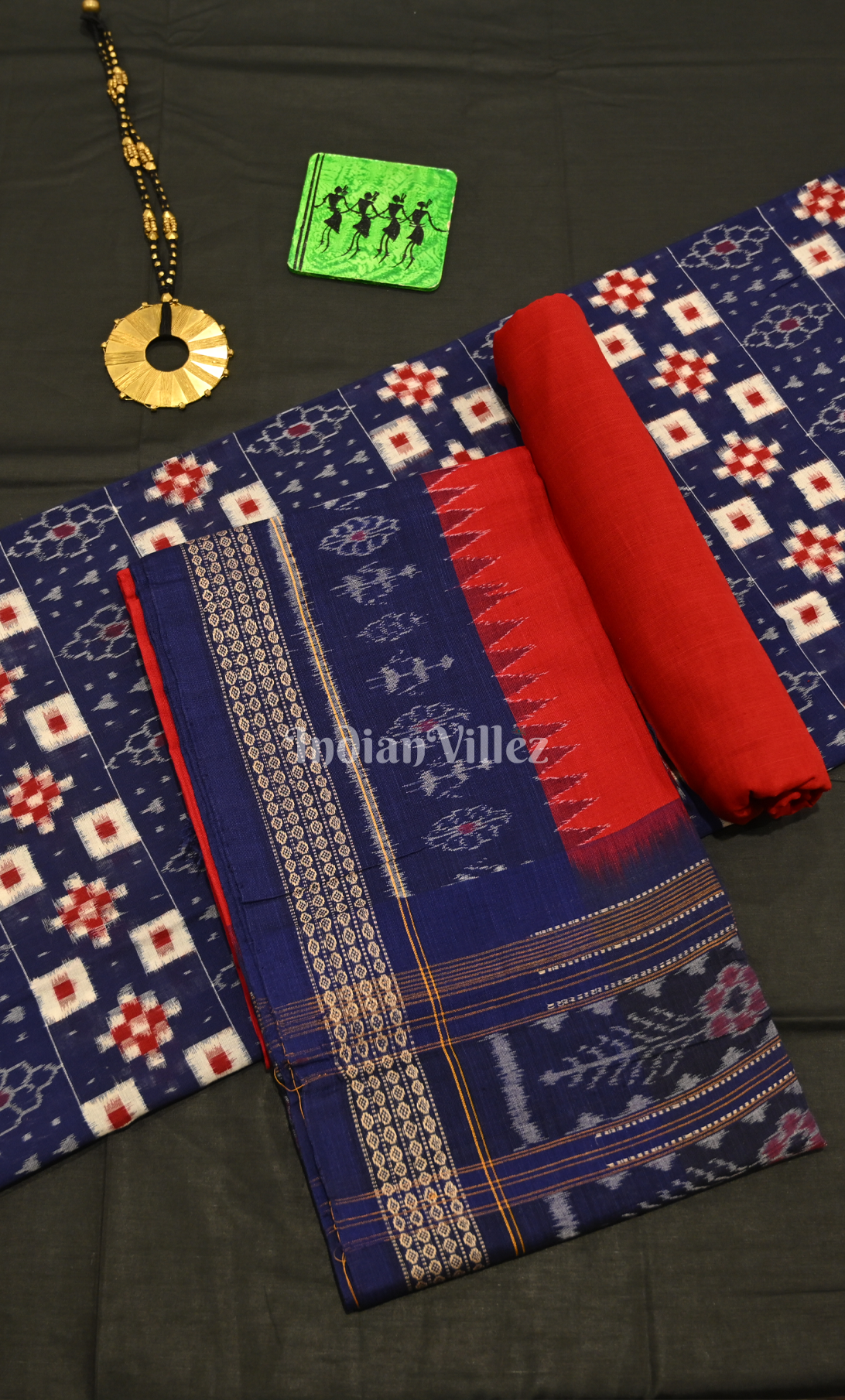 Blue Red Pasapali Odisha Ikat Sambalpuri Dress Set & Dupatta 