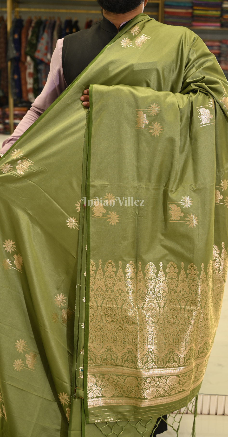 Mehendi Green Mashru Satin Banarasi Silk Saree with Pichwai Motif