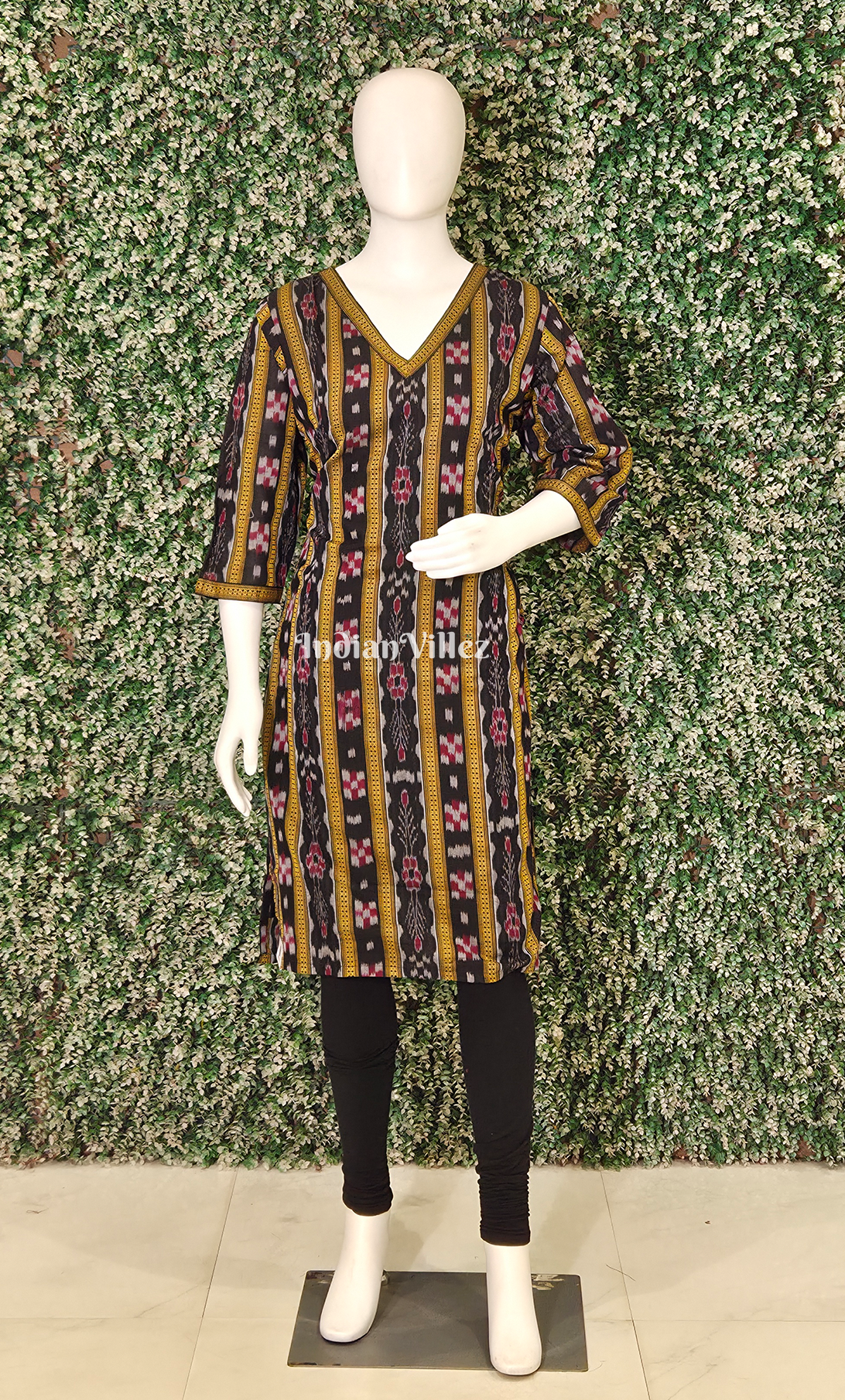 Black with Golden Flower Pasapali Odisha Ikat Designer Cotton Kurti for Women