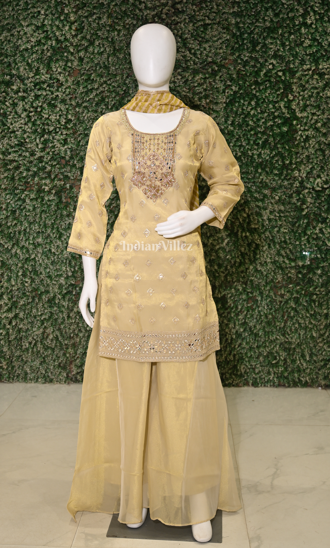 Golden Embroidered Kurta with Sharara Set & Dupatta 