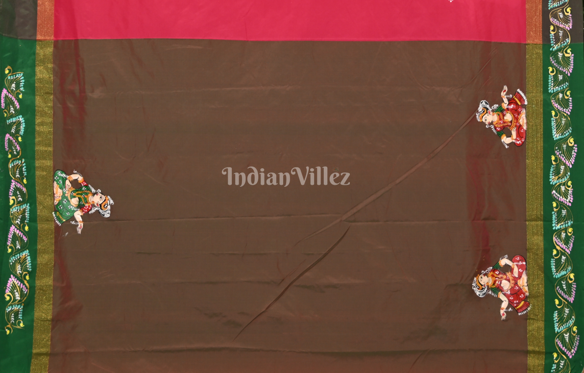 Rani Pink Brown Radha Krishna Raas Hand-Painted Pattachitra Saree 