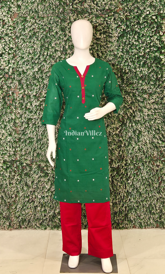 Green Red Buti Design Odisha Ikat Designer Cotton Kurti Set with Pallazo 