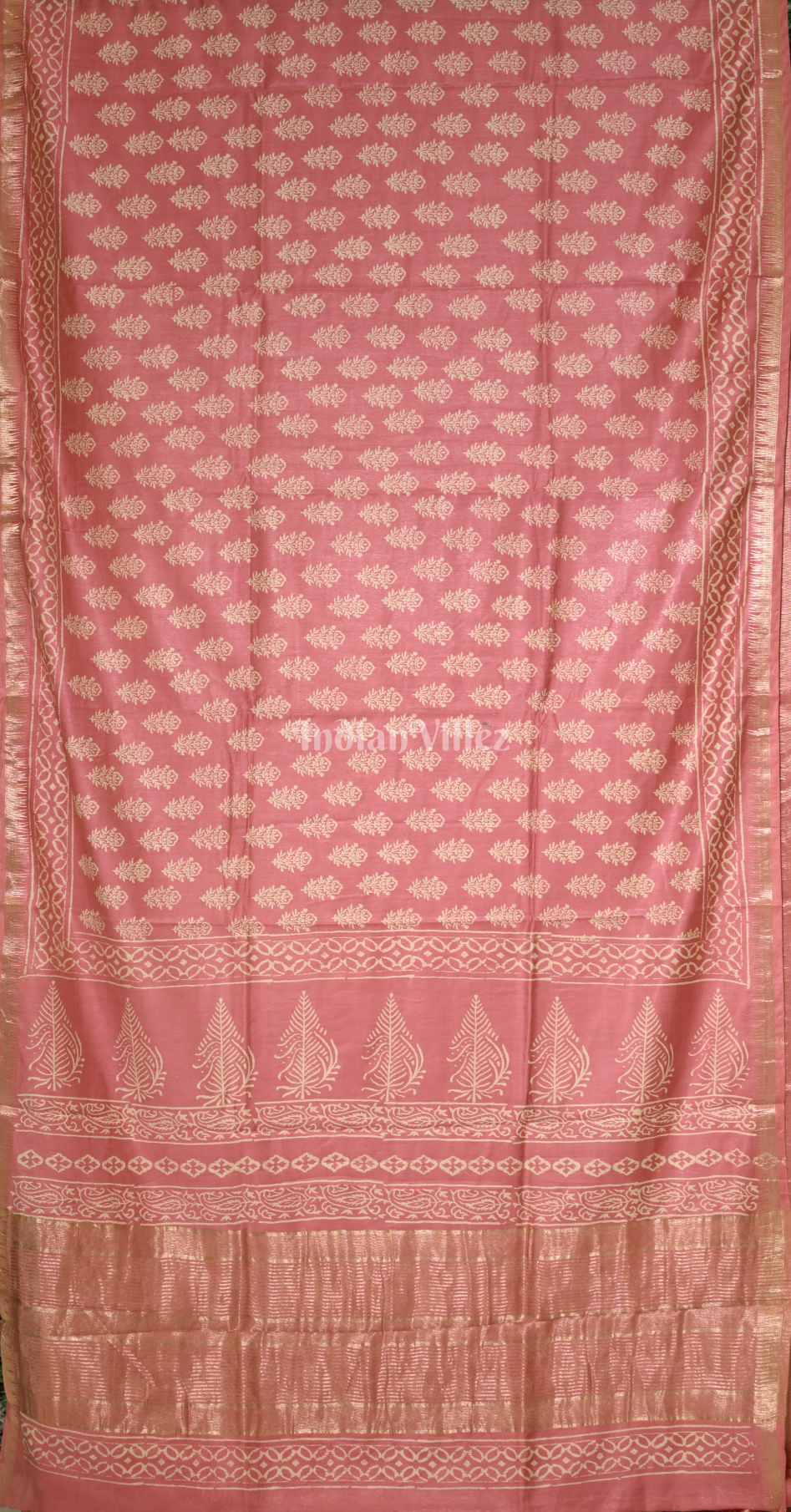 Peach Pink Block Printed Cotton Saree