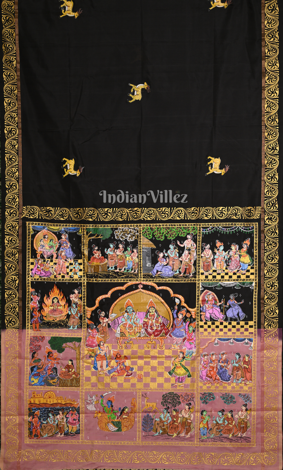 Black Peach Ramayan Theme  Hand-Painted Pattachitra Saree