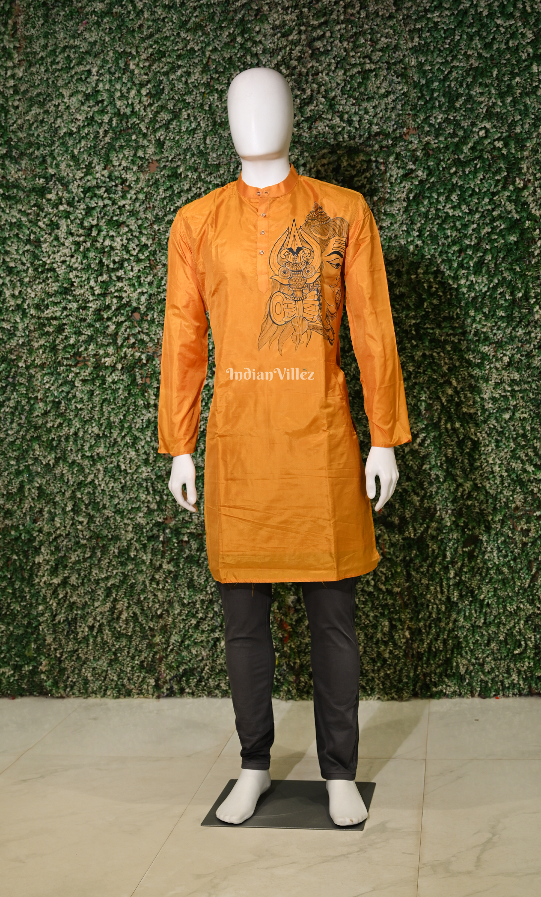 Mustard Yellow Hanuman Face Theme Hand-Painted Pattachitra Kurta