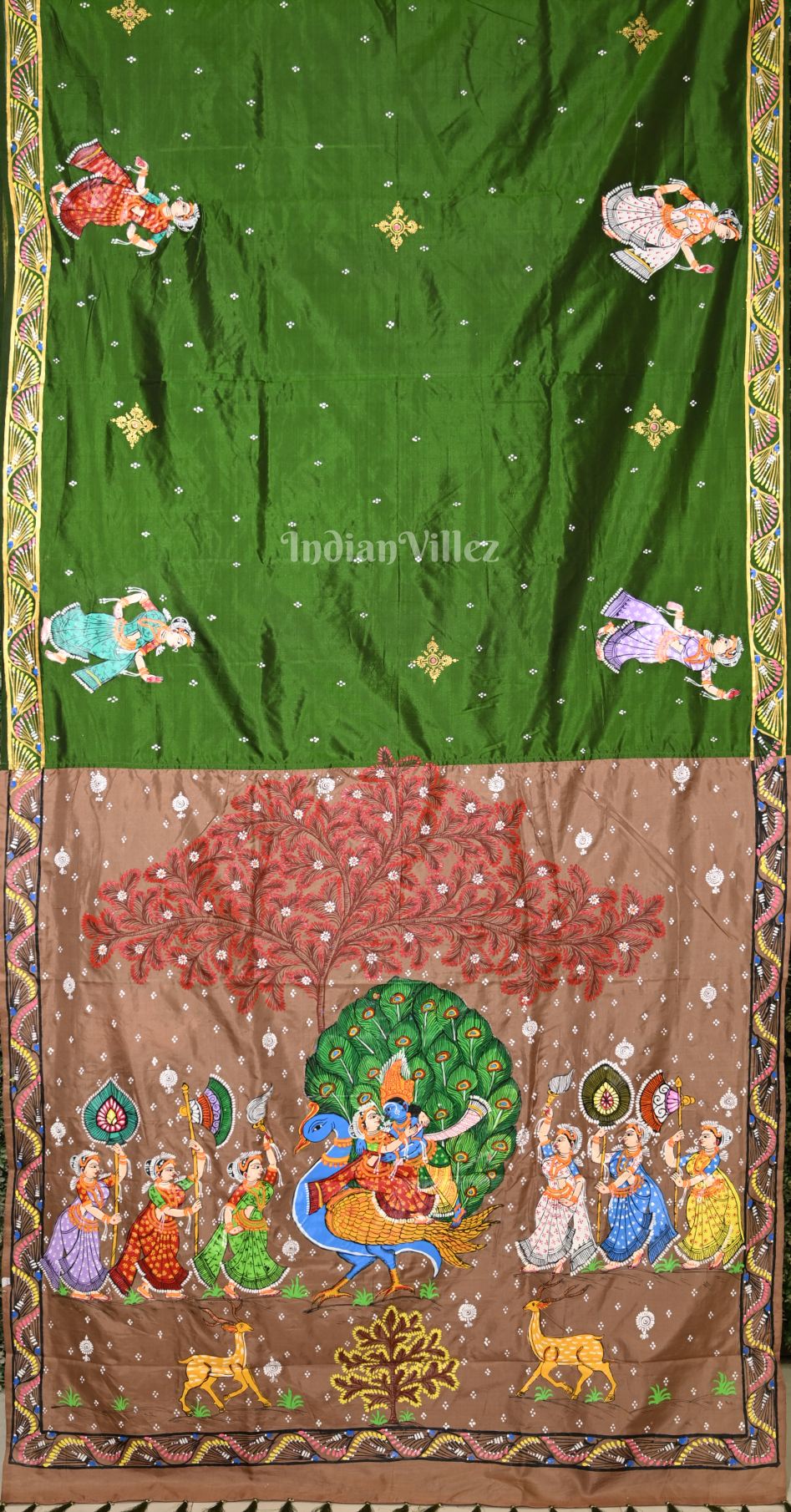 Green Beige Peacock (Mayur) & Nartaki Theme  Hand-Painted Pattachitra Saree 
