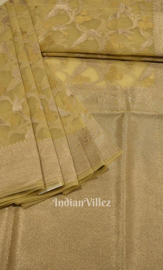 Cream Floral Motif Chanderi Silk Banarasi  Saree 