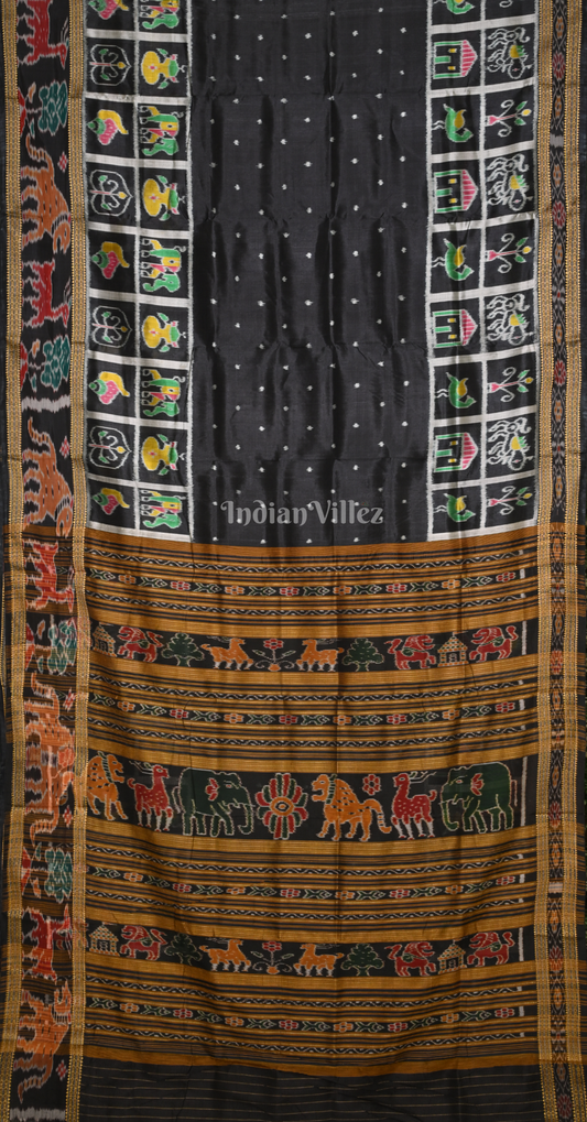 Black Dot Half Nabakothi Odisha Ikat Khandua Silk Saree 