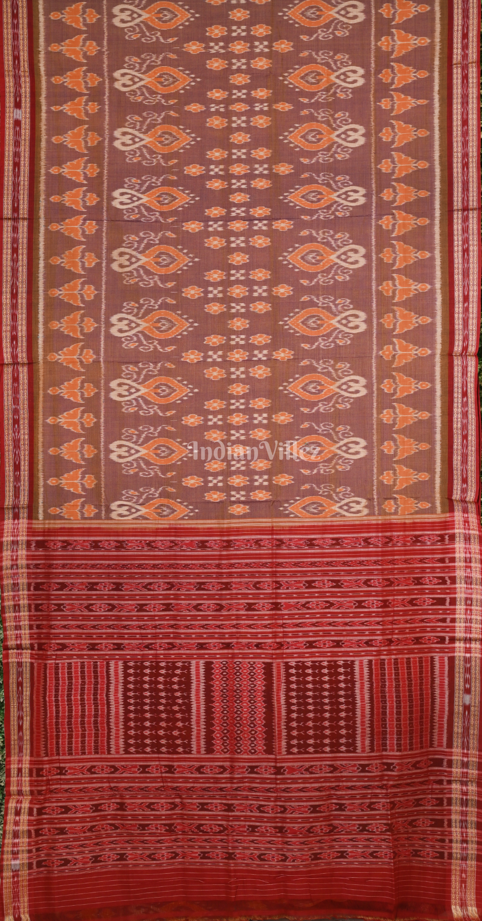 Brown Red Body Pasapali Odisha Ikat Sambalpuri Pure Cotton Saree