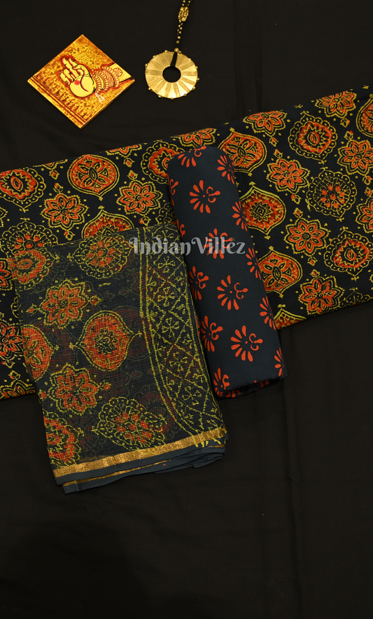 Blue Red Block Printed Cotton Suit Sets

