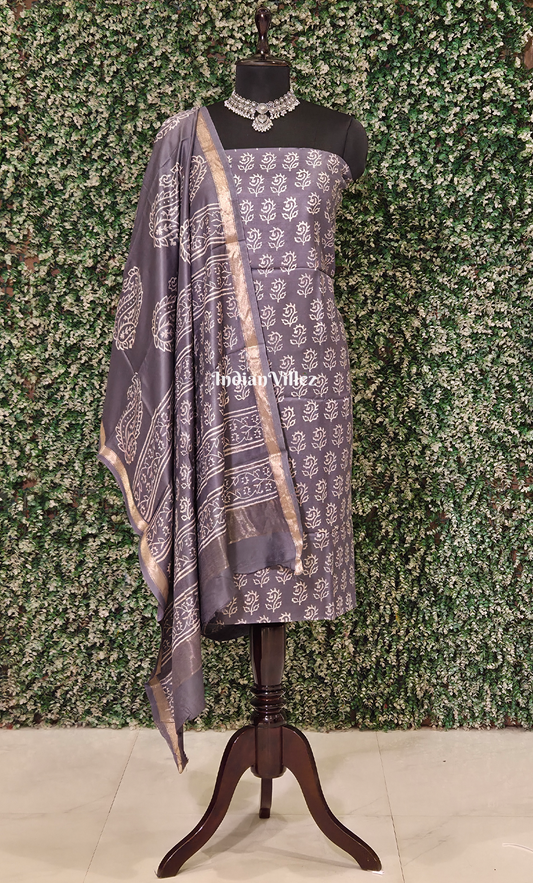 Grey Block Printed Cotton Suit Sets