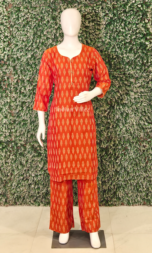 Orange Pochampally Cotton Kurti Set with Pallazo