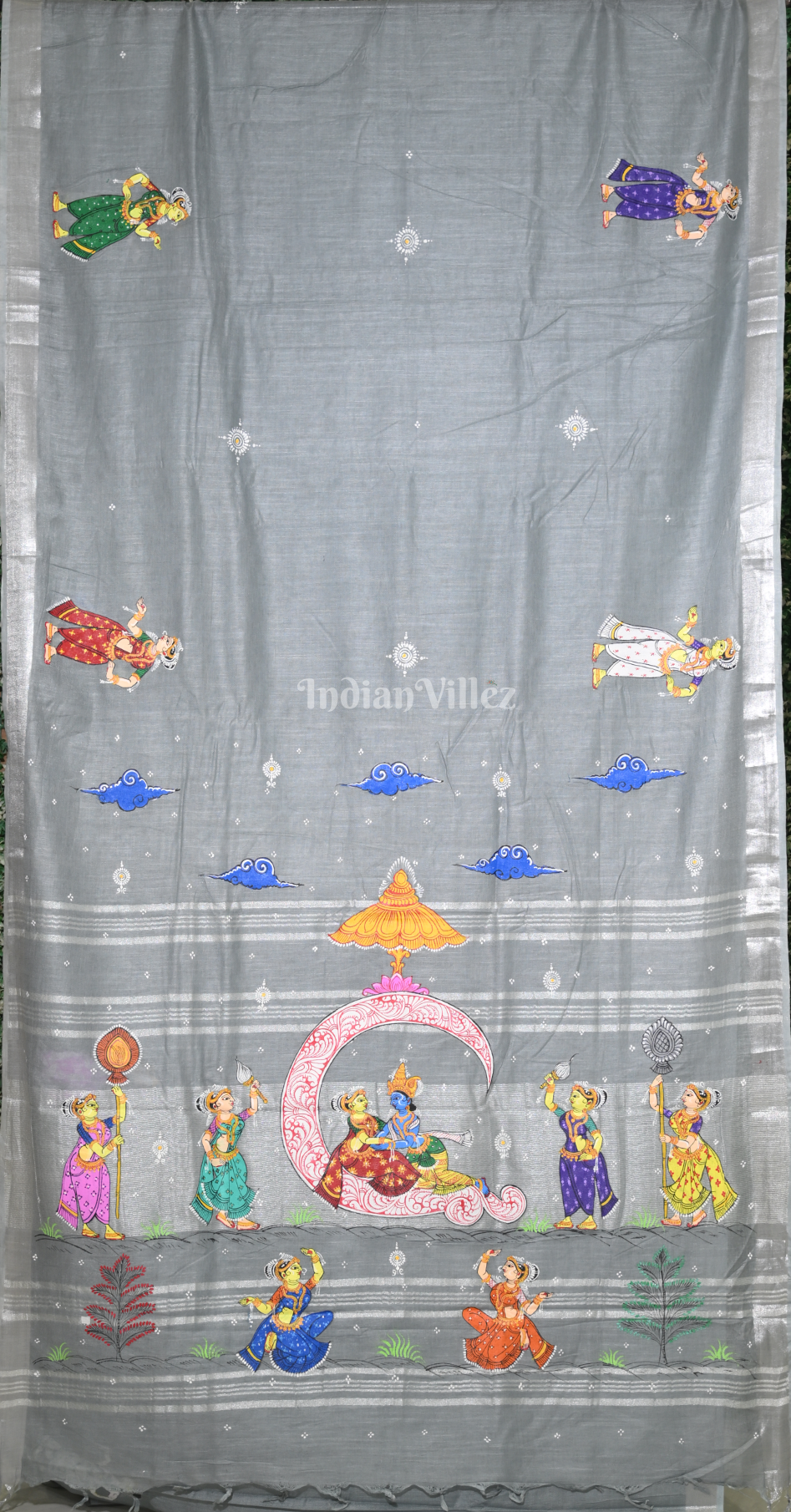 Grey Ardha Chandra Krishna Rasa Leela Hand-Painted Pattachitra Saree-(Linen)