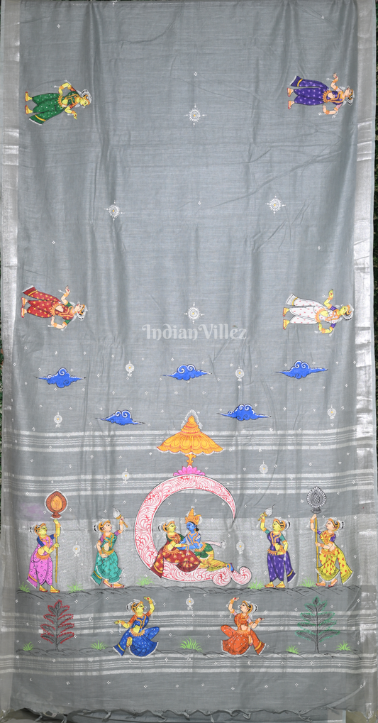 Grey Ardha Chandra Krishna Rasa Leela Hand-Painted Pattachitra Saree-(Linen)