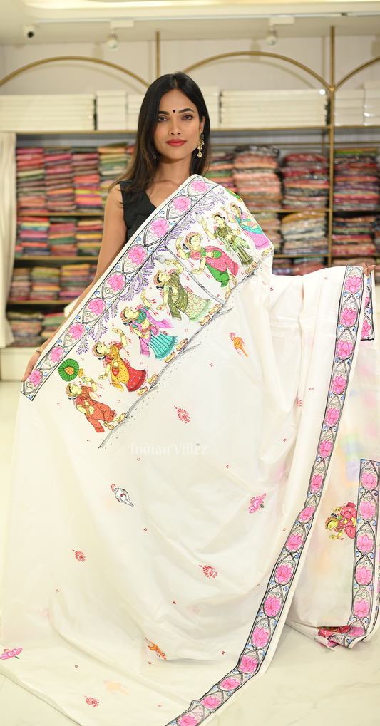 White Shree Jagannath Theme Hand-Painted Pattachitra Saree