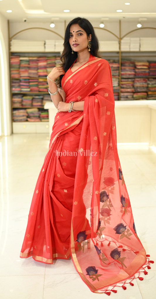 Red Linen Saree with Blue Floral Pallu